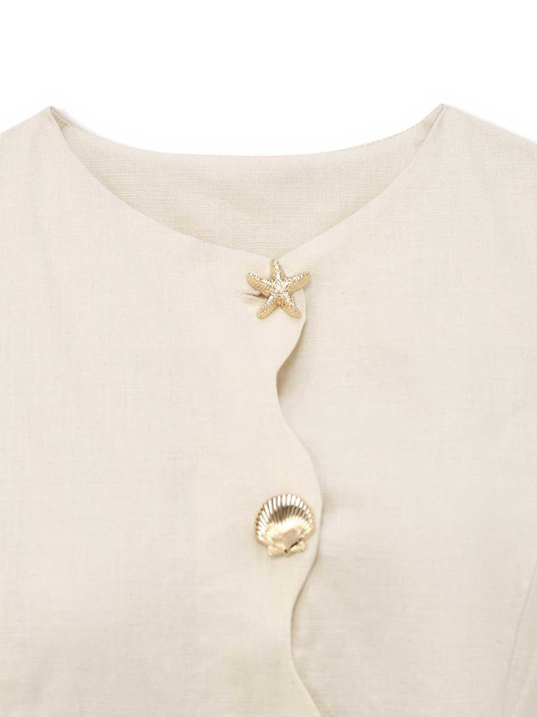 Beige 1960er Seestern Hülse Tasten Ärmellos Kleid