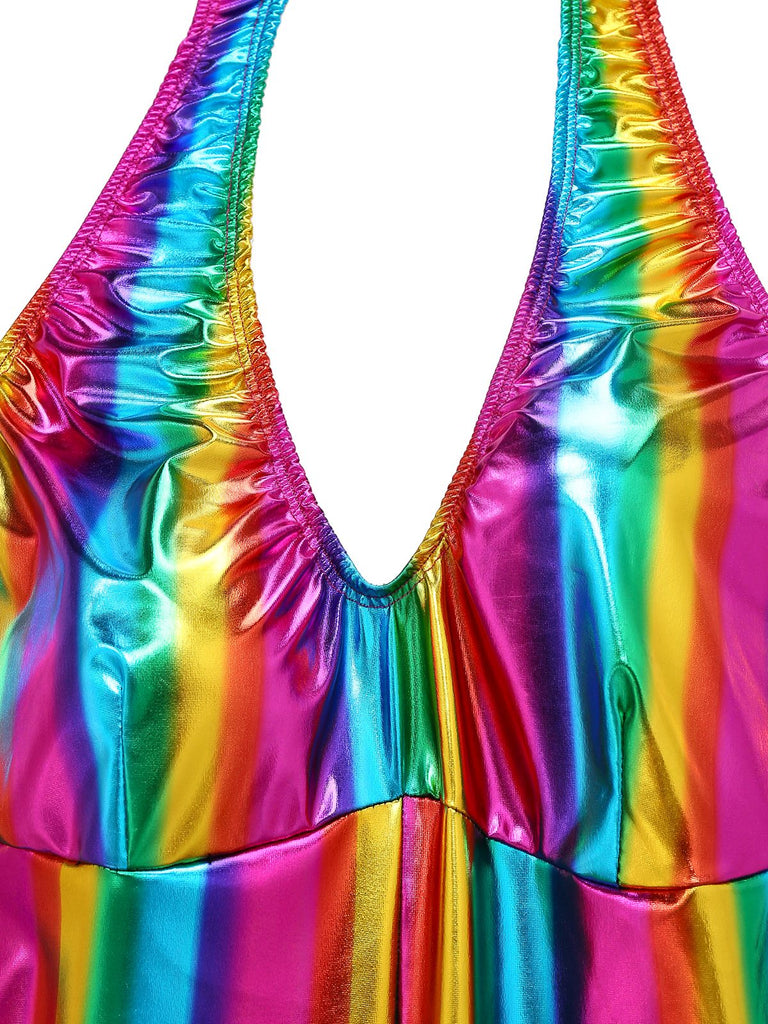 Mehrfarbig 1970er Regenbogen Farbblock Disko Halter Jumpsuit