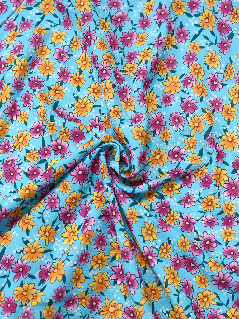 Blau 1960er Gänseblümchen V-Ausschnitt Schlitz Kleid