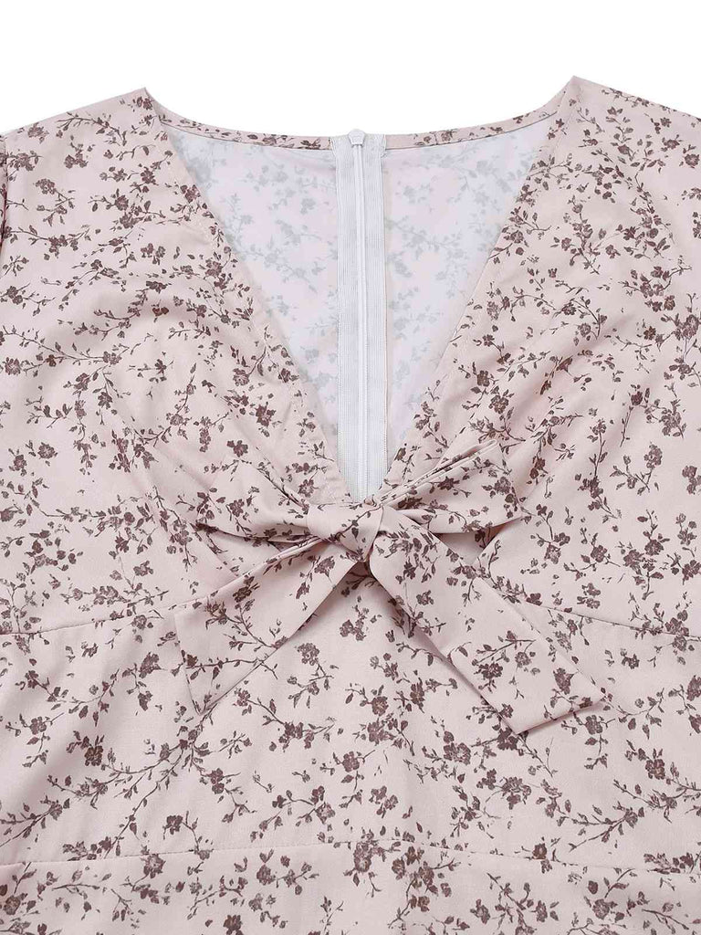 Mehrfarbig 1940er Blumen V-Ausschnitt Unregelmäßig Rüschen Saum Kleid