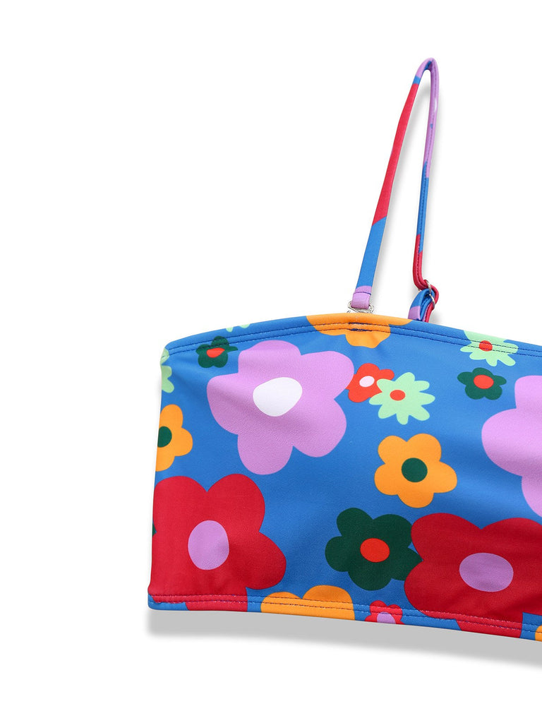 Blau 1960er Karikatur Blumen Spaghetti Träger Bademode