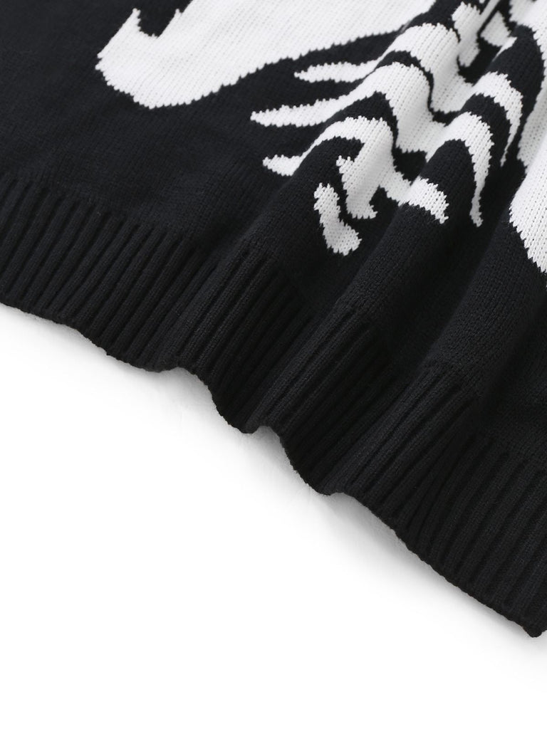 Schwarz 1950er Halloween Skeleton Druck Strick Pullover