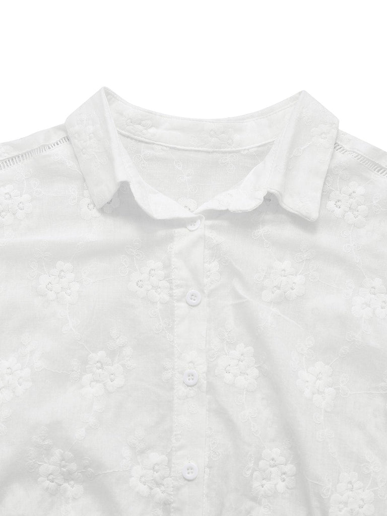 Weiß 1950er Baumwolle Stickerei Blumen Revers Bluse