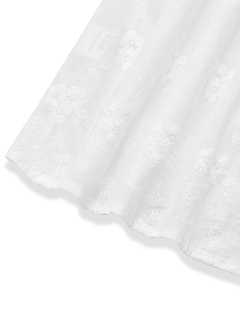 Weiß 1950er Baumwolle Stickerei Blumen Revers Bluse