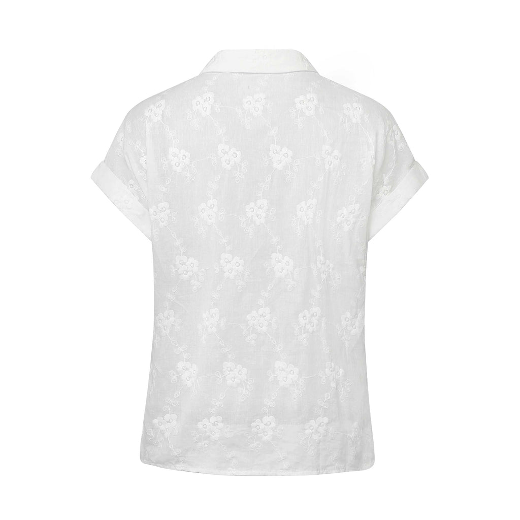 Weiß 1950er Baumwolle Stickerei Blumen Revers Bluse