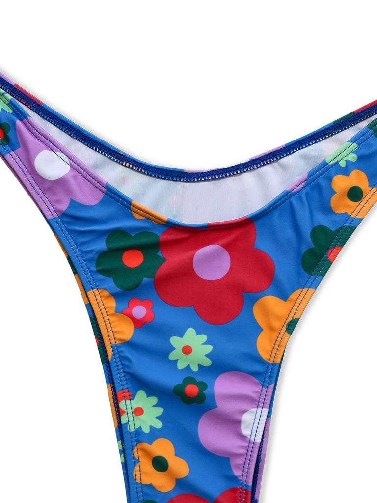 Blau 1960er Karikatur Blumen Spaghetti Träger Bademode