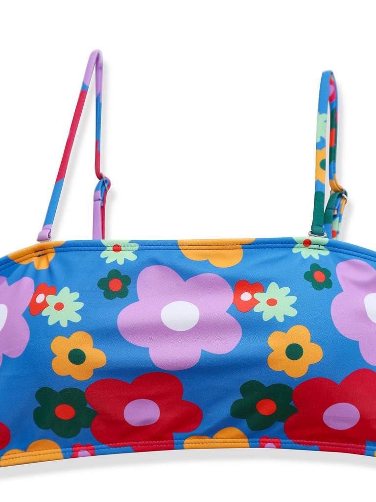 Blau 1960er Karikatur Blumen Spaghetti Träger Bademode