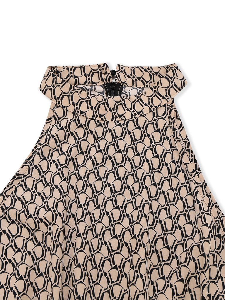 Beige 1930er Geometrisch Muster Halter Ärmellos Jumpsuit