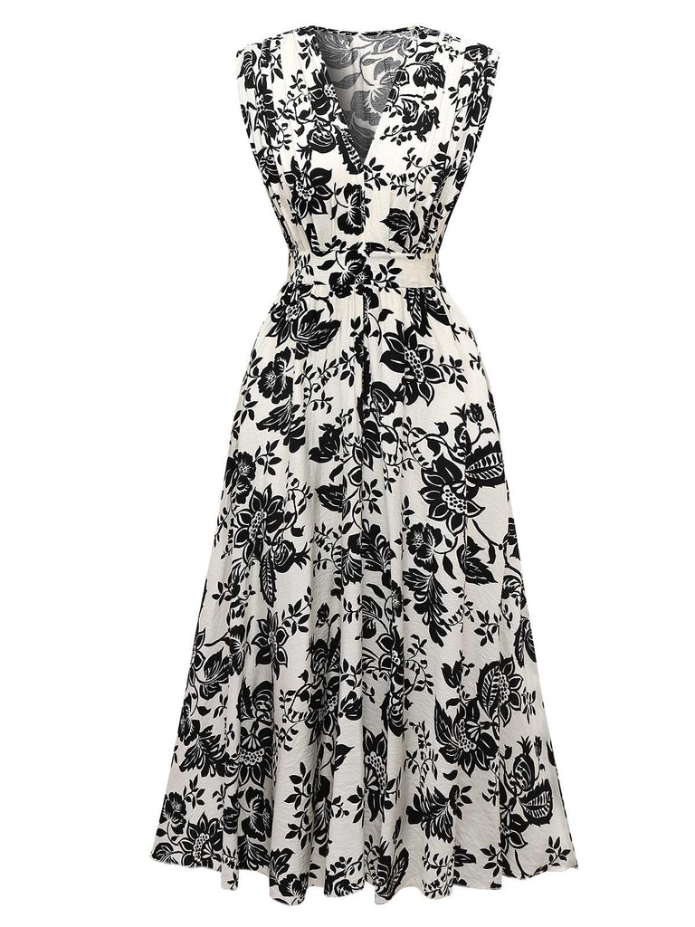 1970er V-Ausschnitt Blumen Flügelärmel Midi Kleid