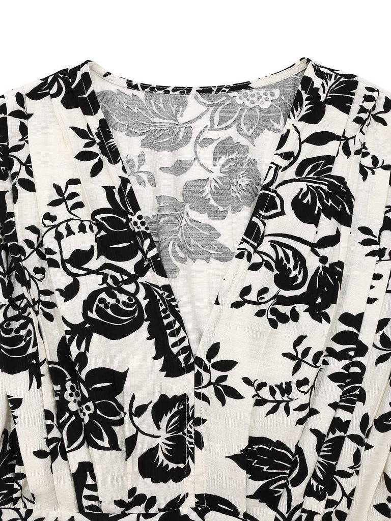 1970er V-Ausschnitt Blumen Flügelärmel Midi Kleid