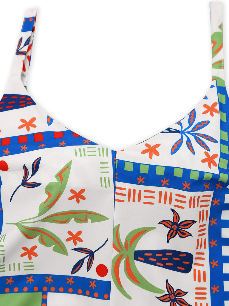 Blau 1930er Strand-Druck Ärmellos Jumpsuit