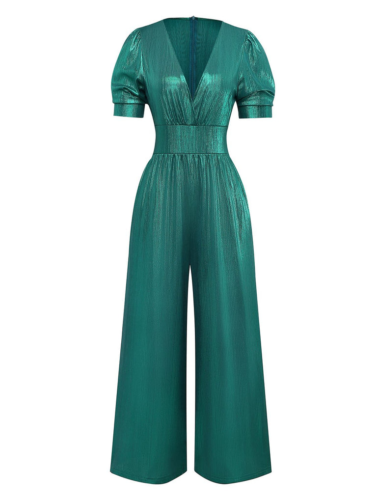 1970er Metallisch V-Ausschnitt Weites Bein Jumpsuit