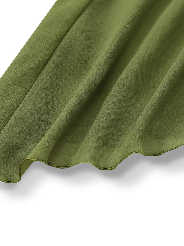 Grün 1930er Halter Netz Rückenfrei Chiffon Midi Kleid