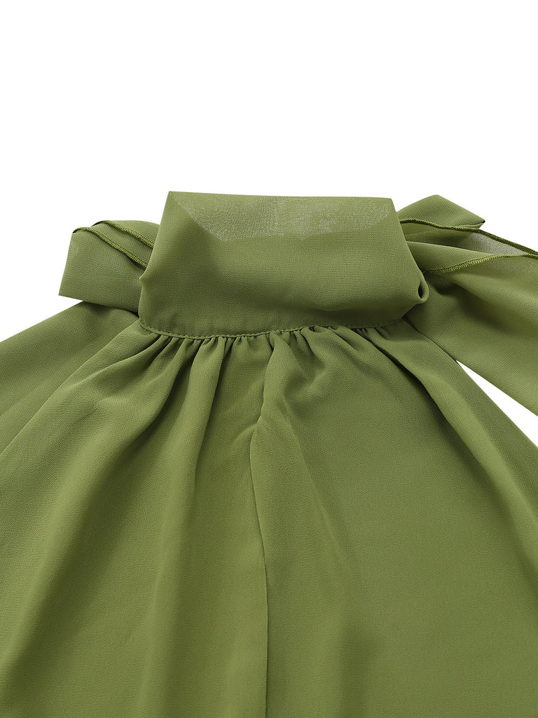 Grün 1930er Halter Netz Rückenfrei Chiffon Midi Kleid