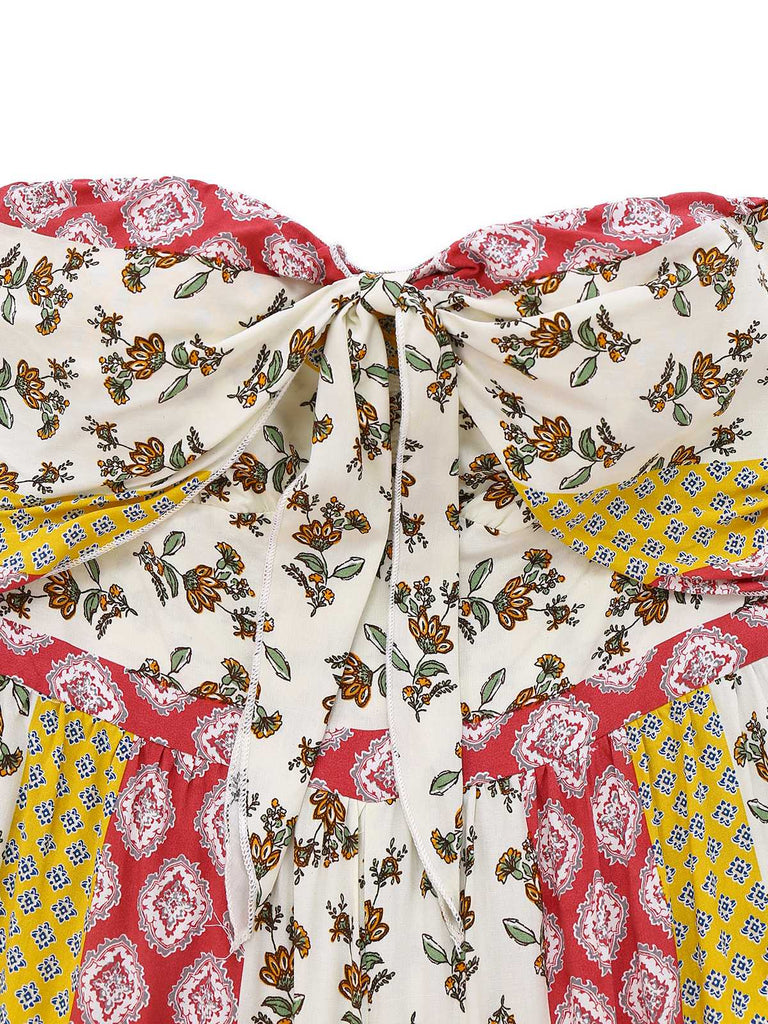 1970er Trägerlos Blumen Geometrisches Muster Boho Jumpsuit