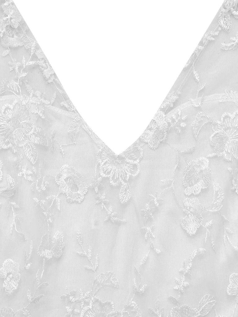 Weiß 1970er Netz Blumen Stickerei Jumpsuit