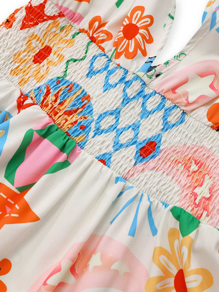 1970er V-Ausschnitt Boho Gesmokt Ärmellos Kleid