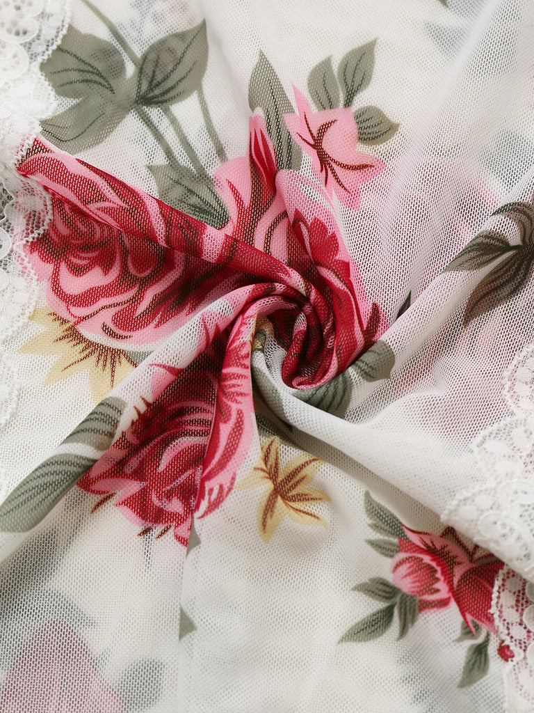 Weiß 1930er Spitze Blumen Netz Spaghetti Träger Nachthemd