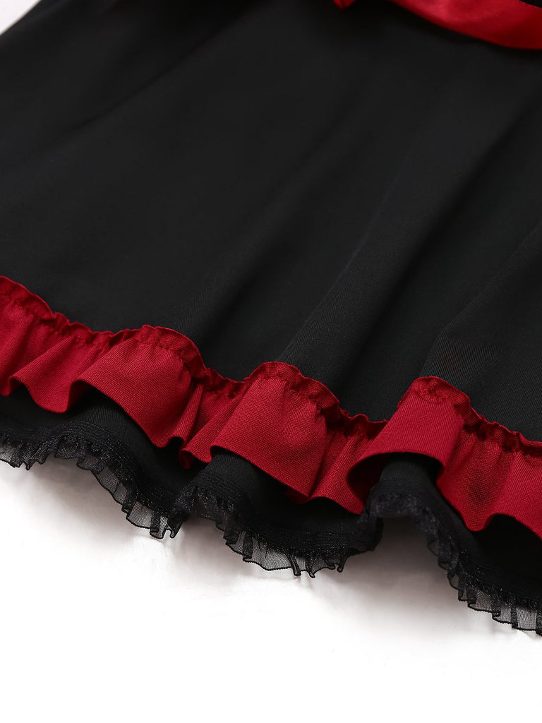 Schwarz 1950er Kreuz Kontrast Rüschensaum Nachthemd