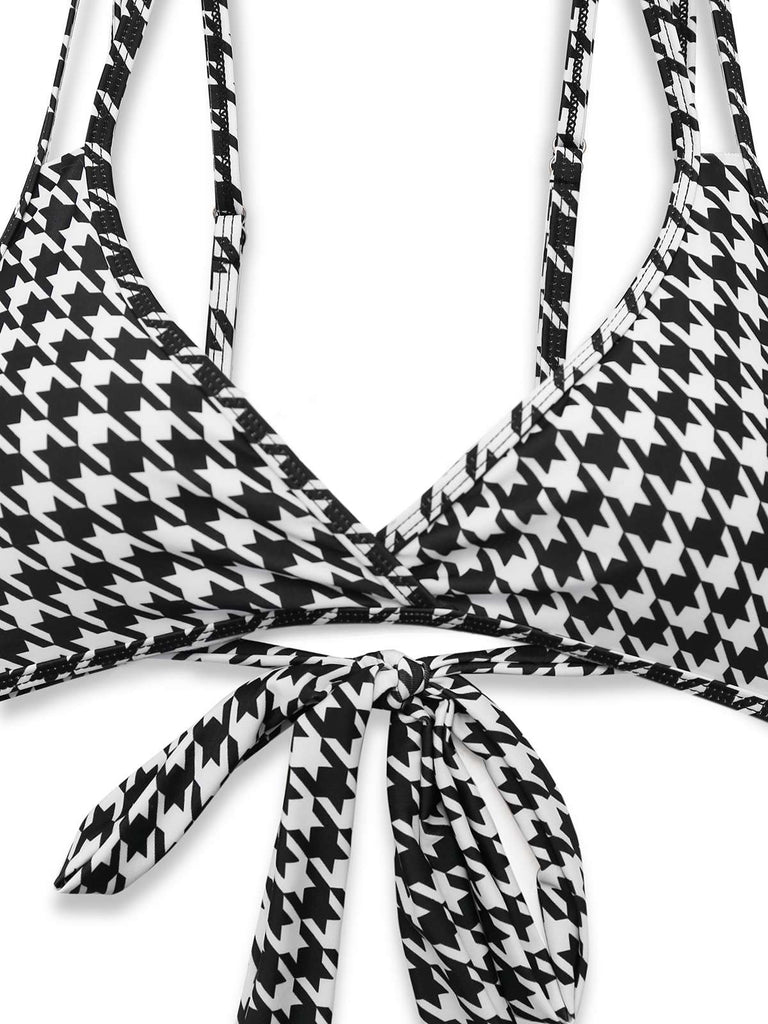 Schwarz 1930er Hahnentritt Schnürung Bikini Set