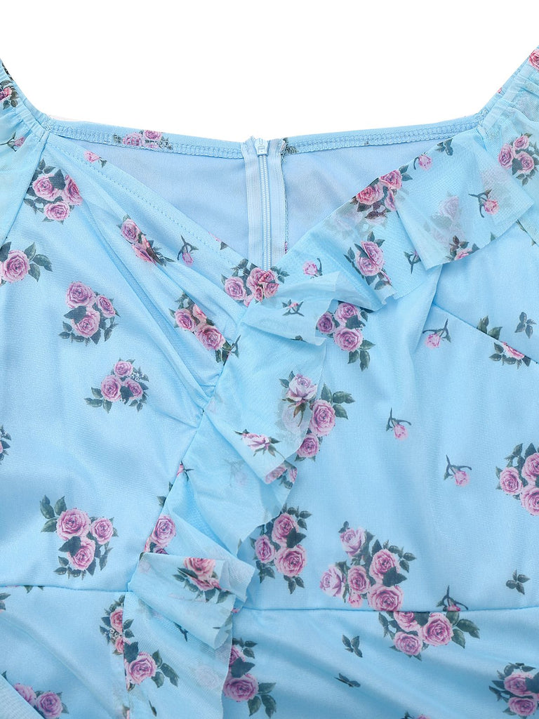 Blau 1930er V-Ausschnitt Rose Netz Rüschen Kleid