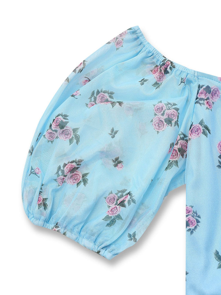 Blau 1930er V-Ausschnitt Rose Netz Rüschen Kleid