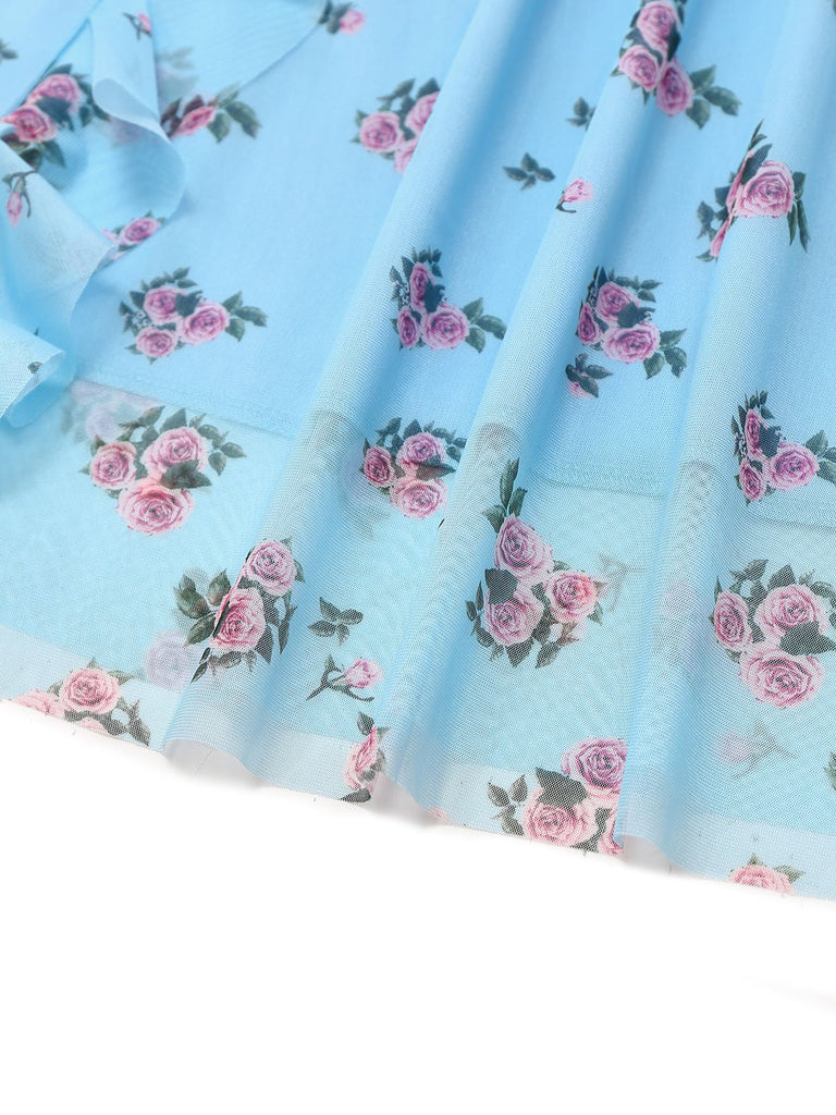 Blau 1930er V-Ausschnitt Rose Netz Rüschen Kleid