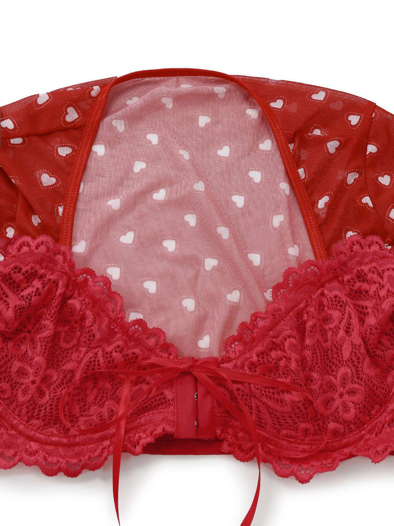 2PCS Rot 1960er Herz Bogen Rüschen Valentinstag Pyjama