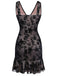 Schwarz 1960er Blumen Beflocktes Netz Rüschensaum Kleid