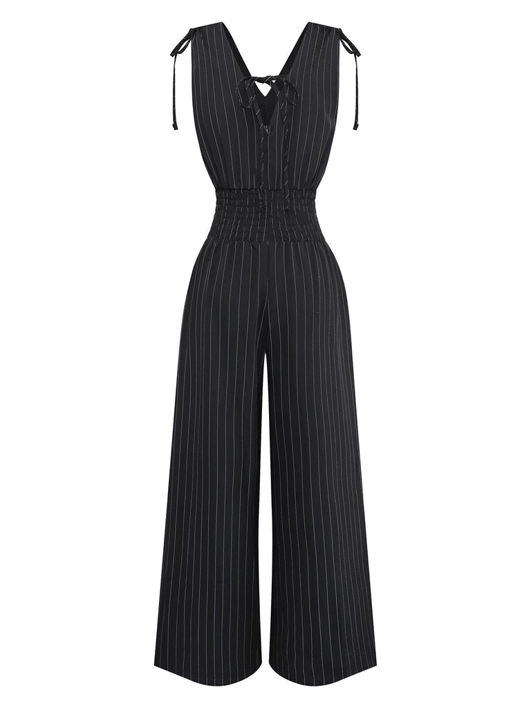 Schwarz 1950er Streifen Schulter-Bindung Gesmokt Taille Jumpsuit