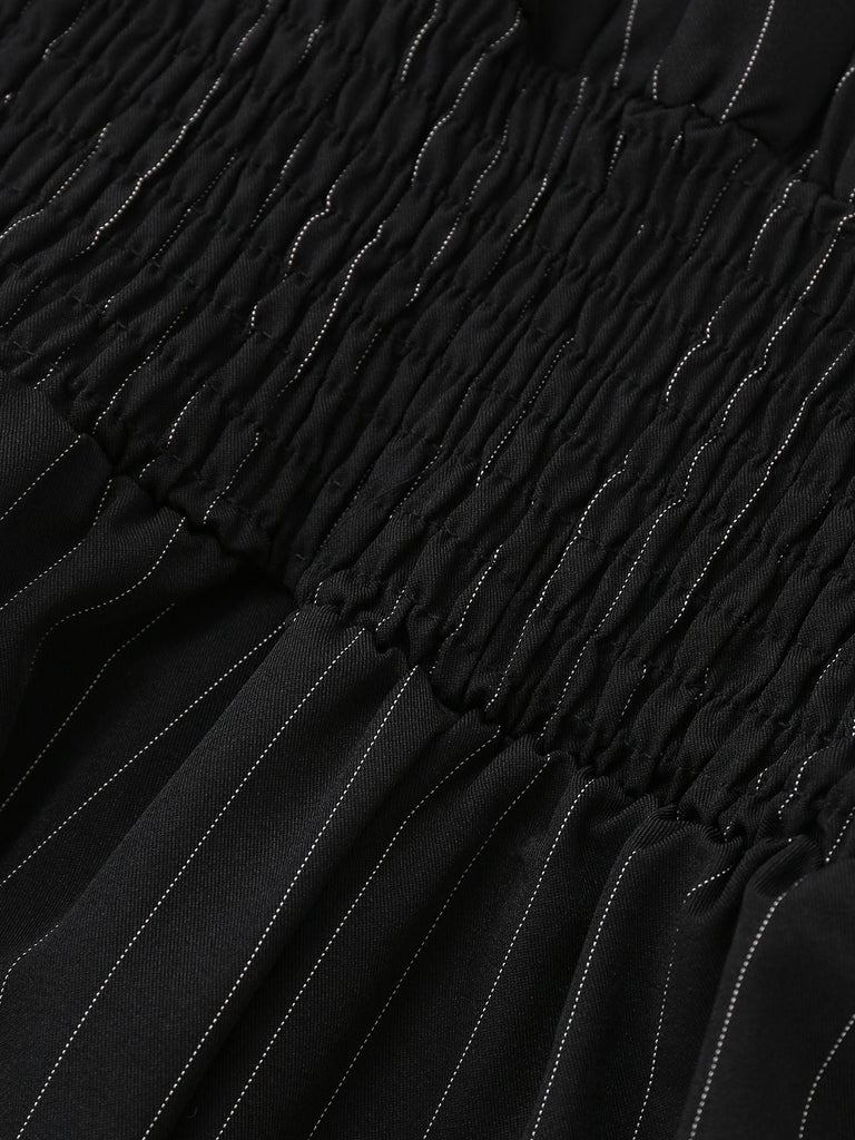 Schwarz 1950er Streifen Schulter-Bindung Gesmokt Taille Jumpsuit