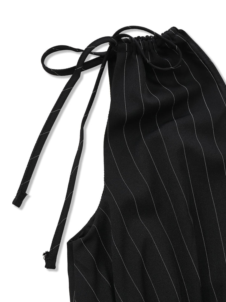 Schwarz 1950er Streifen Schulter-Bindung Gesmokt Taille Jumpsuit