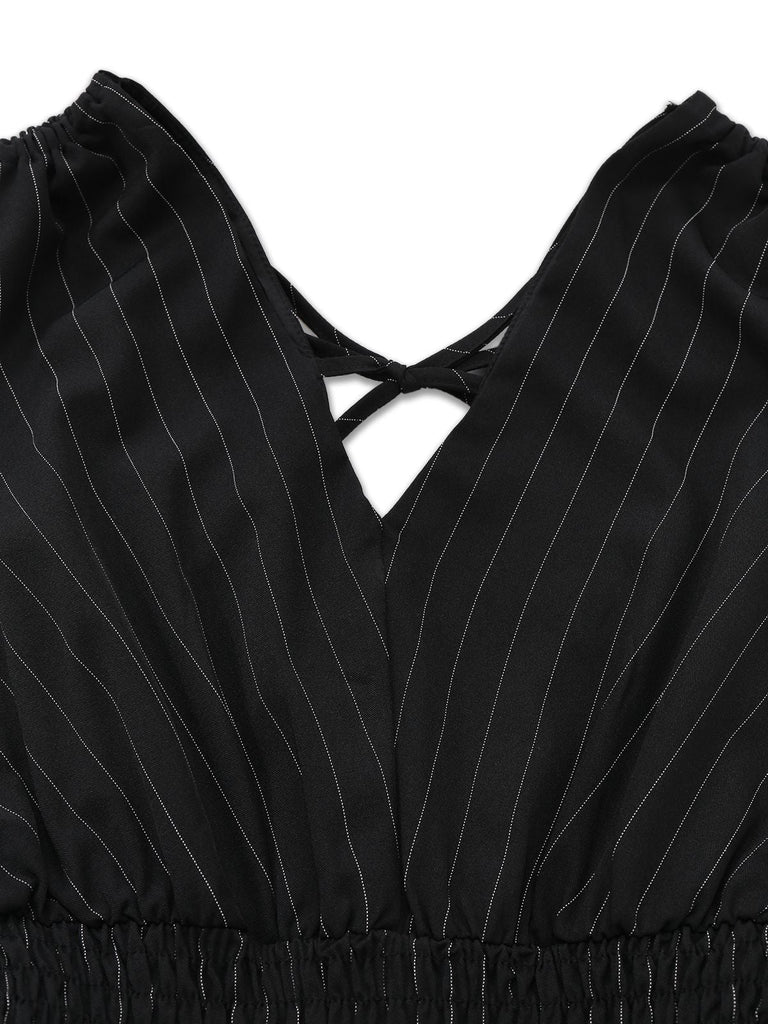 Schwarz 1950er Streifen Schulter-Bindung Gesmokt Taille Jumpsuit