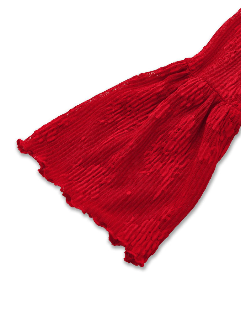 Rot 1960er Blumen Bogen Glockenärmel Gestrickt Kleid