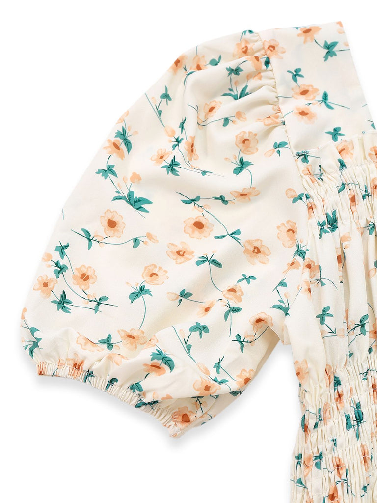 Gelb 1940er Blumen Quadratischer Hals Kleid