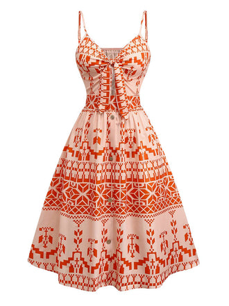 Orange 1940er Blumen Schnürung Hohl Kleid