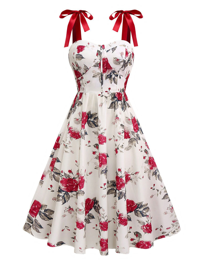 Weiß 1950er Rose Schnürung Swing Kleid