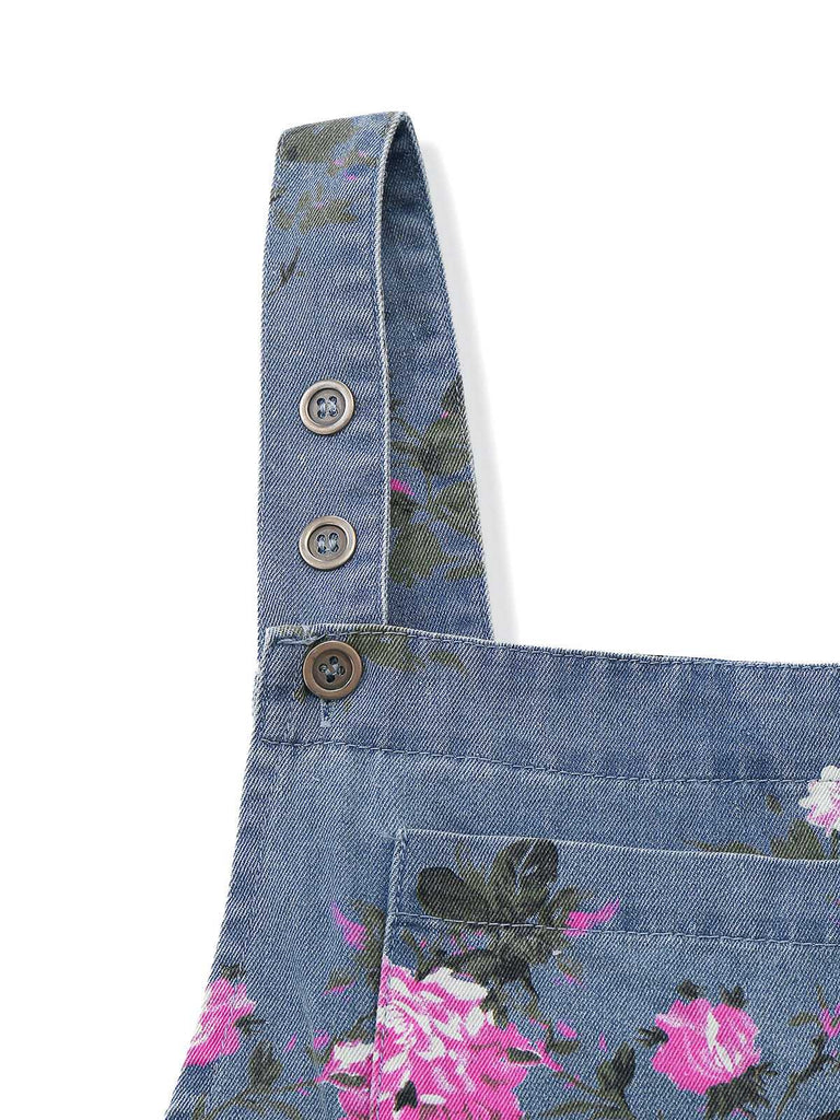 Blau 1960er Jeansstoff Blumen Breit Träger Romper