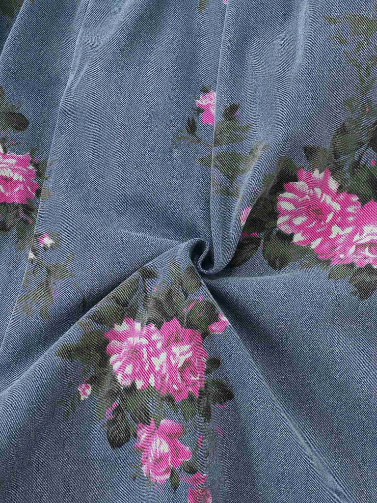 Blau 1960er Jeansstoff Blumen Breit Träger Romper