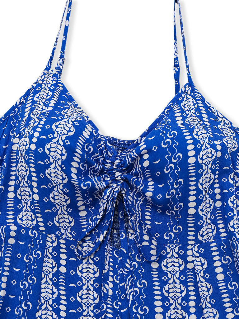 Blau 1970er Boho Spaghetti Träger Jumpsuit