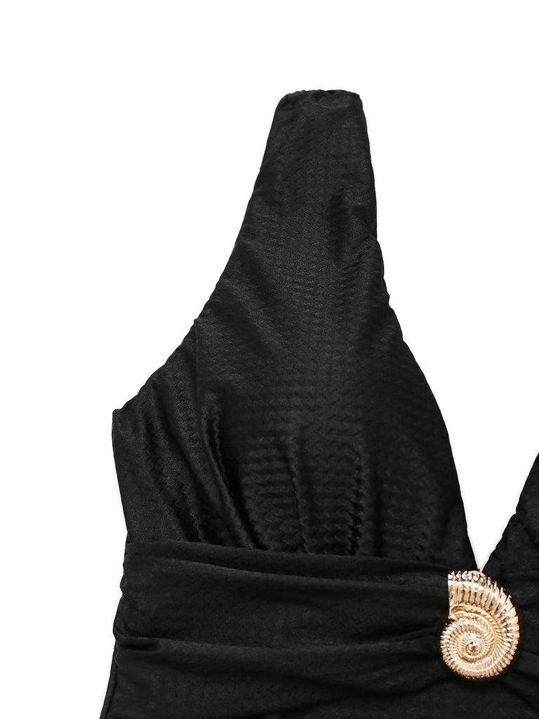 Schwarz 1930er Tief V-Ausschnitt Muschel Badeanzug