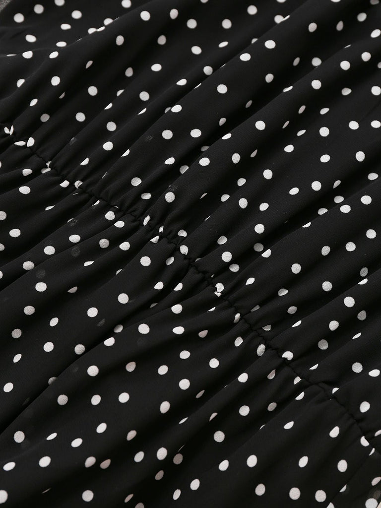 Schwarz 1930er Polka Dots Chiffon Ärmellos Kleid