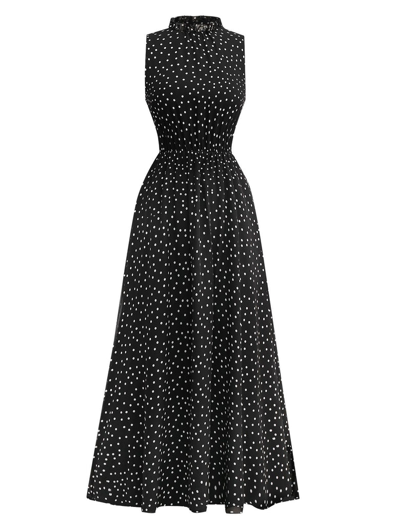 Schwarz 1930er Polka Dots Chiffon Ärmellos Kleid