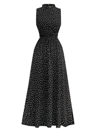 Schwarz 1930er Polka Dots Chiffon Ärmellos Kleid
