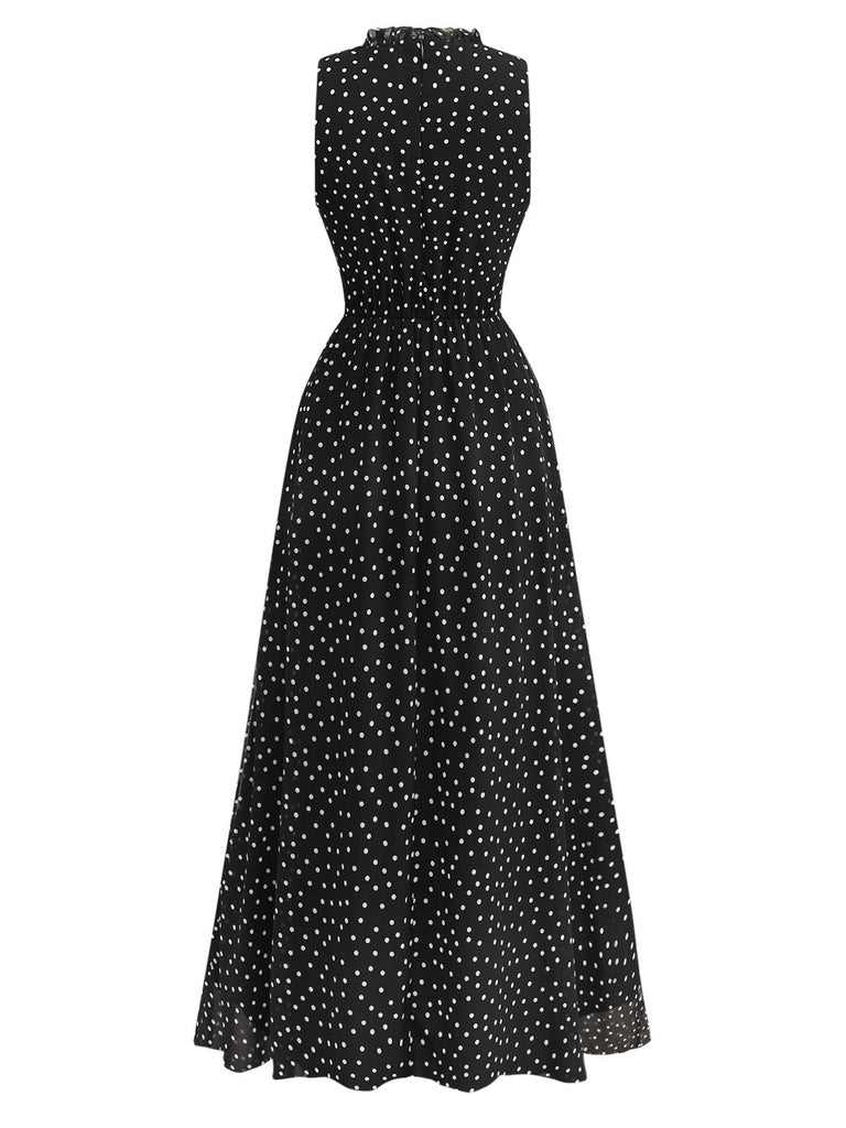 Schwarz 1930er Polka Dots Chiffon Ärmellos Kleid
