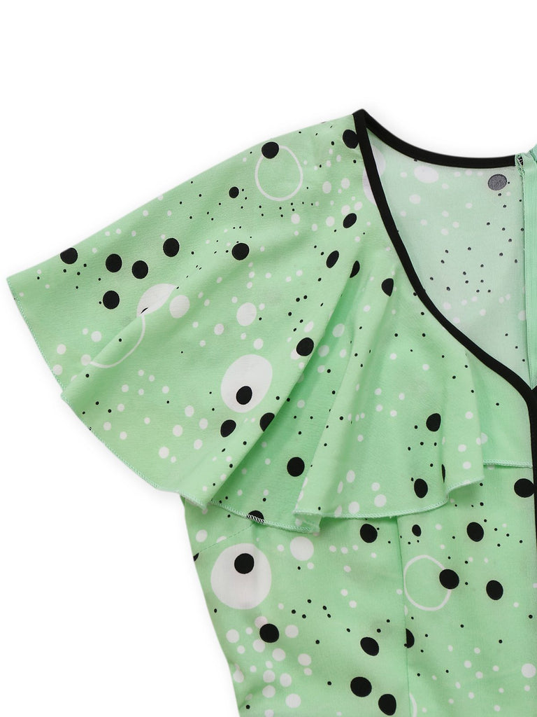 1940er Irregulär Punkte V-Ausschnitt Rüschen Kleid