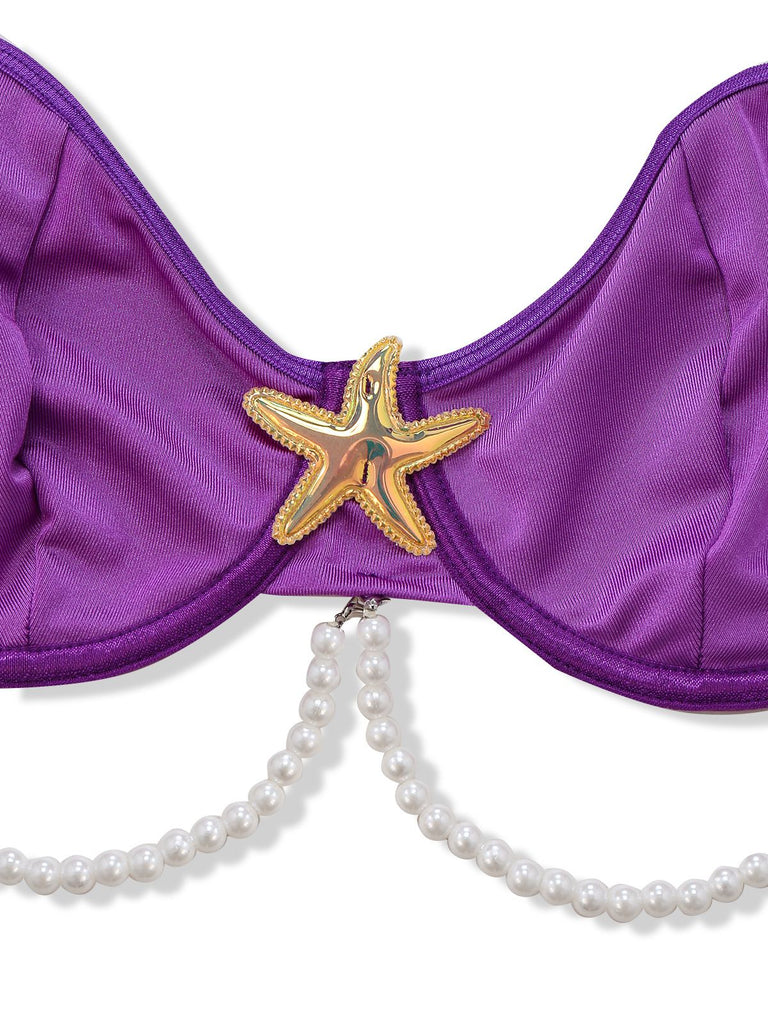 3PCS Lila 1970er Meer Perle Satin Meerjungfrau Nachtwäsche Set