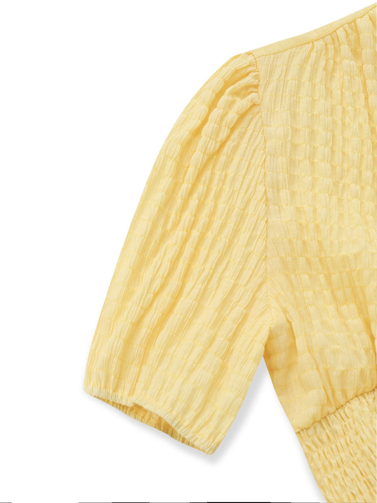 Gelb 1940er Puffärmel Durchgeknöpft Midi Kleid