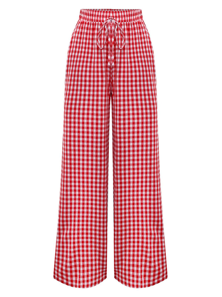 Rot 1980er Gingham Plaid Weites Bein Hose