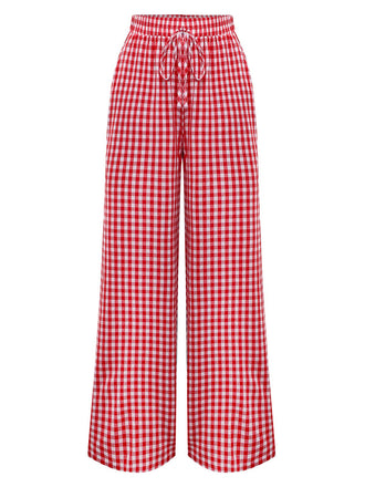 Rot 1980er Gingham Plaid Weites Bein Hose